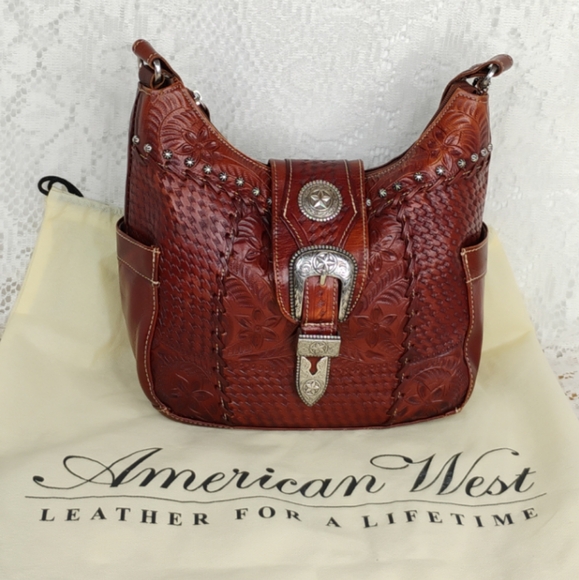 American West Tooled Leather Shoulder Bag Purse with Dust Bag  - Picture 1 of 16